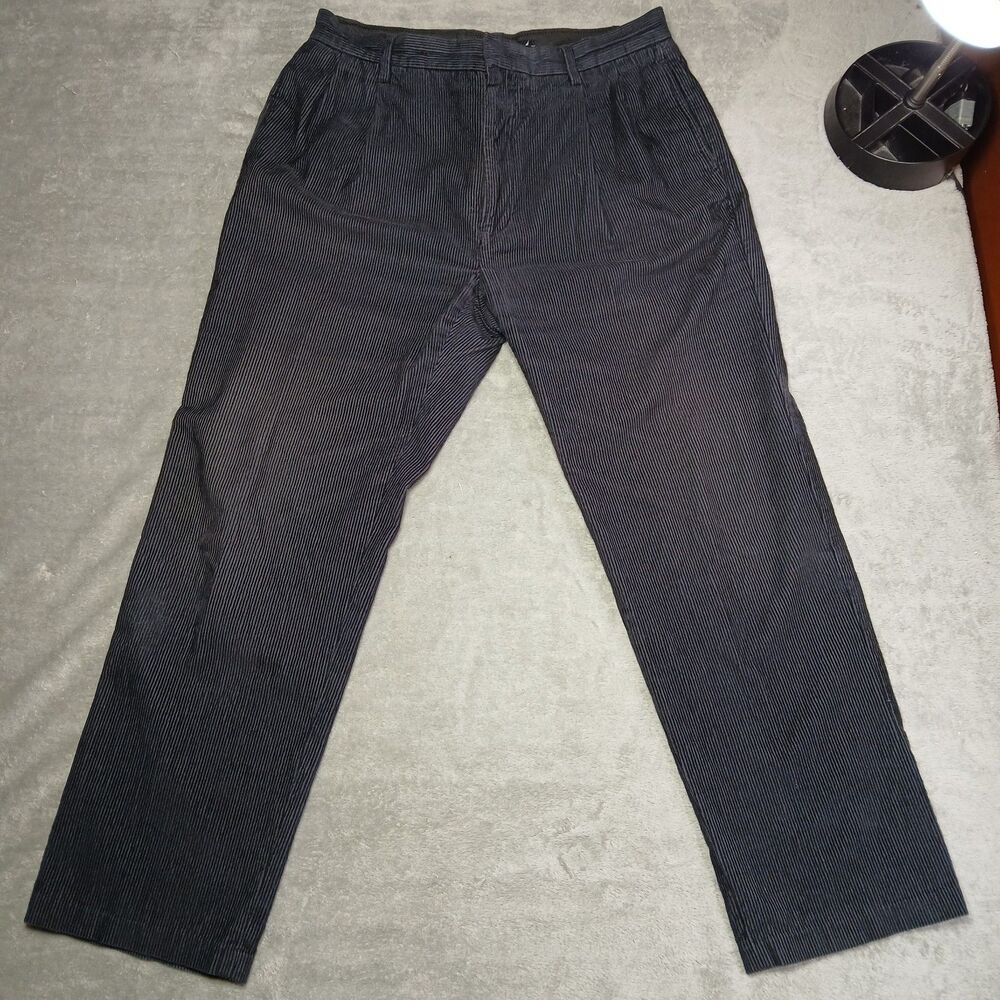 Nautica Mens 36x32 Navy Black Micro Stripe Pleated Corduroy Pants Dark Academia